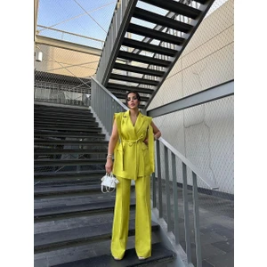 Kadın Alt Üst Ikili Takım Omuz Detaylı Kemerli Kolsuz Blazer Ceket Pantolon Takım