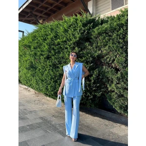 Kadın Alt Üst Ikili Takım Omuz Detaylı Kemerli Kolsuz Blazer Ceket Pantolon Takım