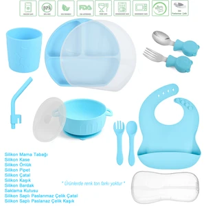 Silikon Beslenme Seti / Kapaklı Vakumlu Mama Tabağı, Kapaklı Kase, Bardak, Pipet, Çatal, Kaşık, Önlük, Paslanmaz Çelik Çatal, Kaşık ve Saklama Kutusu / Mavi