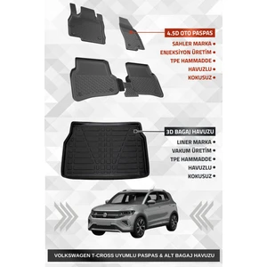 Volskwagen T-Cross 2022+ Uyumlu 4.5d Premium Havuzlu Oto Paspas ve Liner Marka 3D Alt Bagaj Havuzu