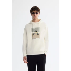Erkek Ekru Kapüşonlu Pamuklu Baskılı Elastan Sweatshirt A42Y1321
