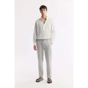 Erkek Gri Relaxed Fit Beli Bağcıklı Keten Karışımlı Chino Pantolon B003036