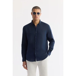Erkek Lacivert Comfort Fit %100 Keten Düğmeli Yaka Gömlek B002191