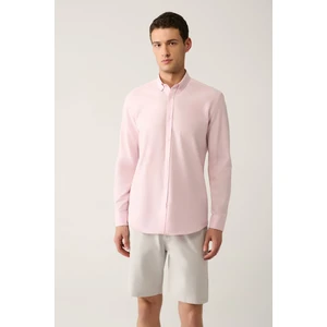 Erkek Açık Pembe Düğmeli Yaka %100 Pamuk Keten Dokulu Gömlek E002141