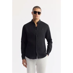 Erkek Siyah Comfort Fit %100 Keten Düğmeli Yaka Gömlek B002191