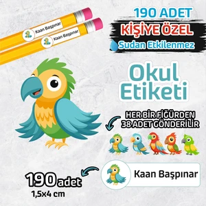 Okul Etiketi Isme Özel Kalem Defter Etiketi Papağan Temalı 190 Adet