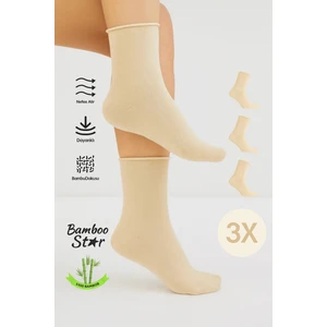 Bambu Kadın Lastiksiz Krem Soket Dikişsiz Premium Çorap 3'lü Paket / Sıkmayan Çorap / Iz Bırakmaz