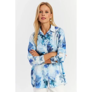 Kadın Mavi Taş Düğmeli Desenli Gömlek Mlvf9