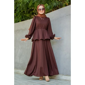 Cenny Eteği Katlı Scuba Krep Elbise-Kahve