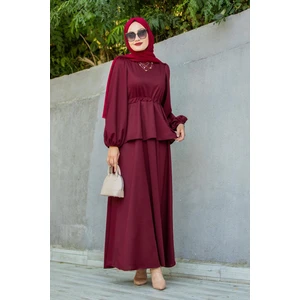 Cenny Eteği Katlı Scuba Krep Elbise-Bordo