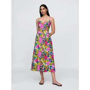 Kadın Pembe Floral V-Yaka Midi Elbise