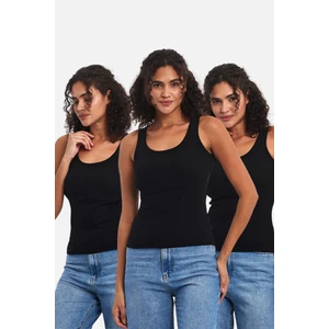 Fitilli Siyah Crop Havuz Yaka Sıfır Kol Pamuklu 3'lü Kadın Atlet