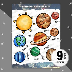 Gezegenler Sticker Seti, Gezegen Temalı Sticker, 9 Adet Gezegen ve Uzay Temalı Etiket