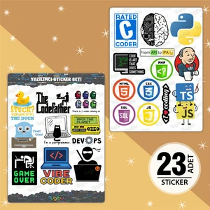 Yazılım Sticker Seti, Kodlama Temalı Sticker, 23 Adet Coder Etiket, Yazılımcı Etiket Seti