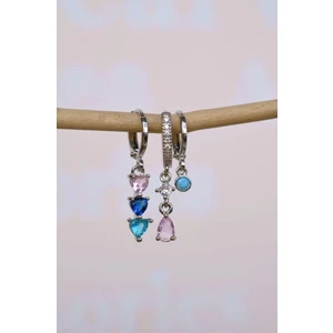 Gümüş Renkli Zirkon Taşlı Çok Renkli Küpe Seti 3 Parça