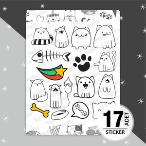 Kedi Sticker Seti, Sevimli Kediler Sticker Seti, 17 Adet Kedi Etiket