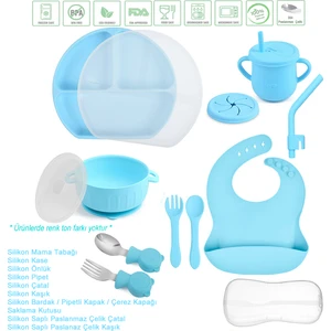 Silikon Beslenme Seti / Vakumlu, Kapaklı Silikon Mama Tabağı, Kase, Önlük, Çatal-Kaşık, Bardak, Pipet, Paslanmaz Çelik Çatal, Kaşık ve Saklama Kutusu / Mavi Renk