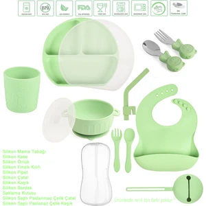 Silikon Beslenme Seti / Vakumlu, Kapaklı Silikon Mama Tabağı, Kase, Önlük, Bardak, Çatal, Kaşık, Pipet, Emzik Kılıfı, Paslanmaz Çelik Çatal-Kaşık ve Saklama Kutusu / Yeşil Renk