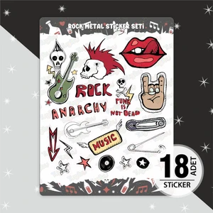 Rock Metal Sticker Seti, Müzik Temalı Sticker Seti, 18 Adet Rock Etiket