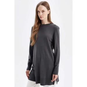 Regular Fit Bisiklet Yaka Yırtmaçlı Basic Düz Triko Kazak Tunik H3431AZ24AU