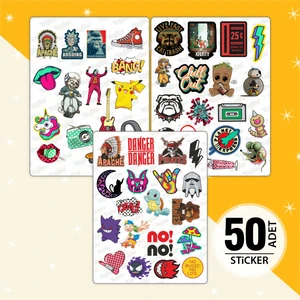 Karışık Figürler Sticker Seti, Karma Sticker Seti, 50 Adet Figür Etiket