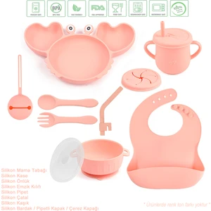 Yengeç Figürlü Vakumlu Silikon Beslenme Seti; Mama Tabağı, Kase, Emzik Kılıfı, Pipet, Önlük, Çatal-Kaşık, Bardak / Pembe