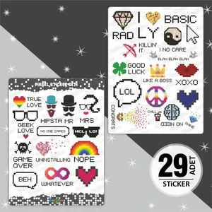 Piksel Figürler Sticker Seti, Piksel Temalı Sticker Seti, 29 Adet Piksel Temalı Etiket