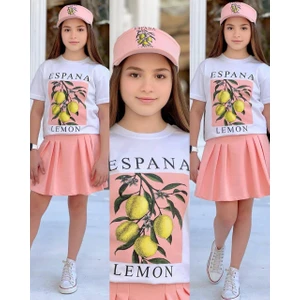 Limon Baskılı Şort Etek Detaylı 3lü   Kız  Takımlar