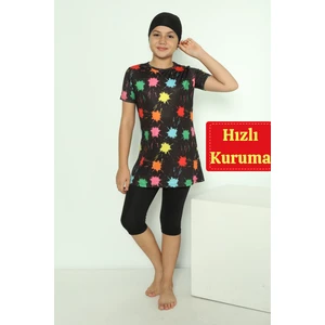 Kız Çocuk Desenli Taytlı Hızlı Kuruma Özellikli Çocuk  Tesettür Mayo