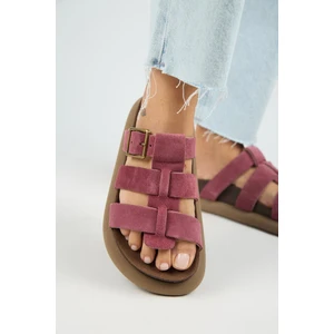 (Hicks) Kadın Hakiki Deri Tokalı Bantlı Vişne Terlik