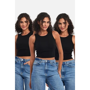 Fitilli Siyah Crop Halter Yaka Sıfır Kol Pamuklu 3'lü Kadın Atlet