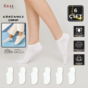 Kral Socks Erkek - Kadın Düz Desen (6 Çift) Beyaz Renkli Snikers Pamuklu Terletmez