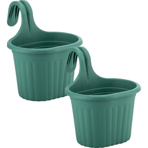 2 Adet 3 Litre Yeşil Askılı Balkon Küpeşte Saksısı Seti Plastik Askı Saksı Set Tombik No1