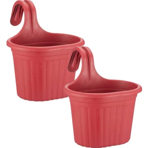 2 Adet 3 Litre Kırmızı Askılı Balkon Küpeşte Saksısı Seti Plastik Askı Saksı Set Tombik No1
