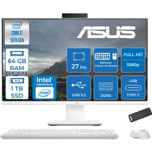 V470VAK Intel Core I7-13620H 64GB Ddr5 1tb SSD 27'' Fhd 100Hz 300NITS Freedos  Beyaz Allınone Bilgisayar ABI716512W0DF28+ZETTAUSBBELLEK