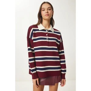 Polo Yaka Çizgili Triko Kazak LDP0026 BORDO LACİVERT