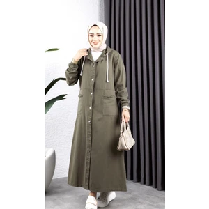 Kadın Düğmeli Kapüşonlu Cep Püsküllü Kot Kap