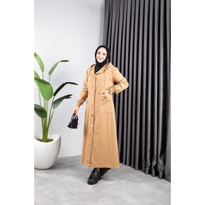 Kadın Düğmeli Kapüşonlu Cep Püsküllü Kot Kap