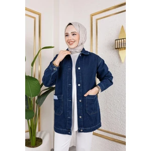 Kadın Cepli Düğmeli Kot Ceket