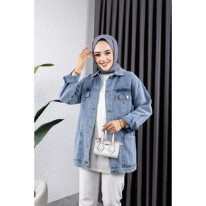 Kadın Cep Detaylı Denim Kot Ceket
