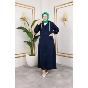 Kadın Düğmeli Kapüşonlu Cep Püsküllü Lacivert Kot Kap