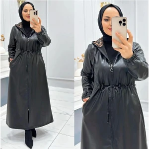 Kadın Kapüşonlu Uzun Deri Kap