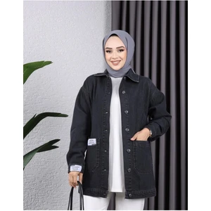 Kadın Cepli Düğmeli Kot Ceket