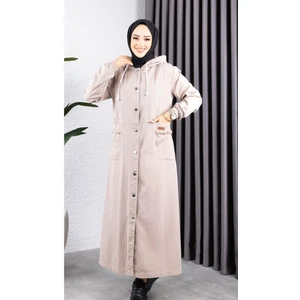 Kadın Düğmeli Kapüşonlu Cep Püsküllü Kot Kap