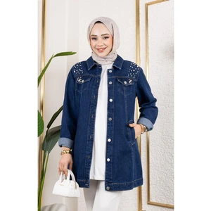 Kadın Boncuk Işlemeli Denim Kot Ceket