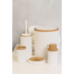 Beyaz Bambu Desenli 5 Parça Banyo Seti | Çöp Kovası, Wc Fırçalık, Sıvı Sabunluk, Diş Fırçalık, Sabunluk