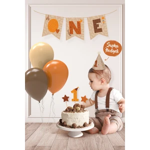 Hey Parti Minimal Boho Temalı 1 Yaş Doğum Günü Parti Seti (Banner, 7'li Balon, Pasta Süsü)