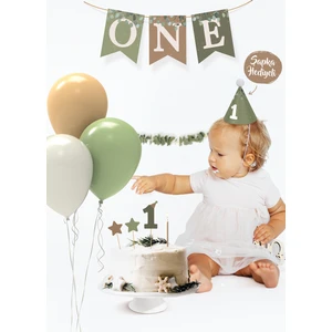 Hey Parti Okaliptus Temalı 1 Yaş Minimal Doğum Günü Parti Seti (Banner, 7'li Balon, Pasta Süsü)