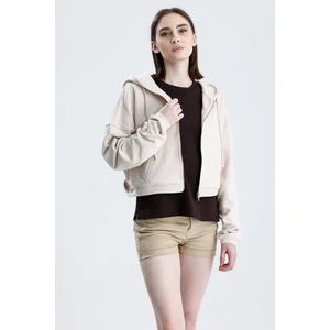 Ekru Essentials Fit Kadın Zip Hoodie %100 Pamuk Kapüşonlu Düşük Omuzlu Fermuarlı Kanguru Cepli