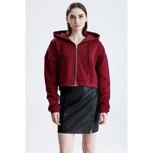Bordo Essentials Fit Kadın Zip Hoodie %100 Pamuk Kapüşonlu Düşük Omuzlu Fermuarlı Kanguru Cepli